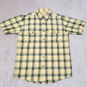 Red Head Shirt Mens Size Medium Short Sleeve Button Up yellow Plaid 100% Cotton